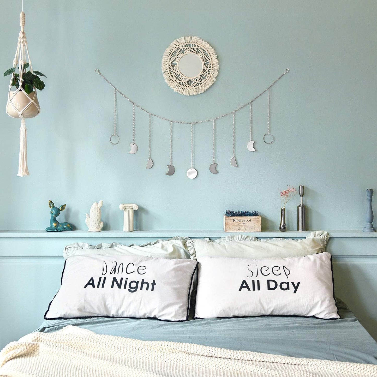 Mkono Moon Phase Wall Hanging Boho Aesthetic Room Decor Metal Moons Garland Hanging Art Bohemian Home Decoration for Girls Room Nursery Bedroom Livingroom Dorm, Ideal, Silver, 50"