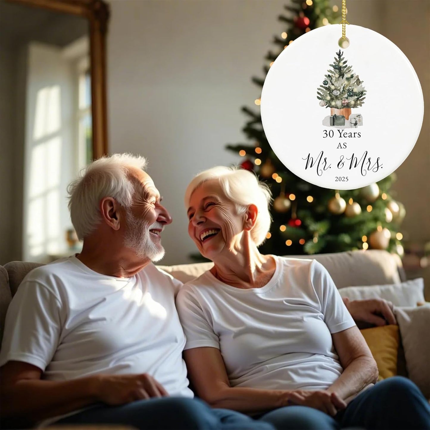 30th Anniversary Ornament Gifts for Couple,Parents, 30th Wedding Anniversary for 30 Year as Mr and Mrs Gifts, Ceramic Keepsake 30 Year Anniversary Christmas Ornaments with Ribbon and Box