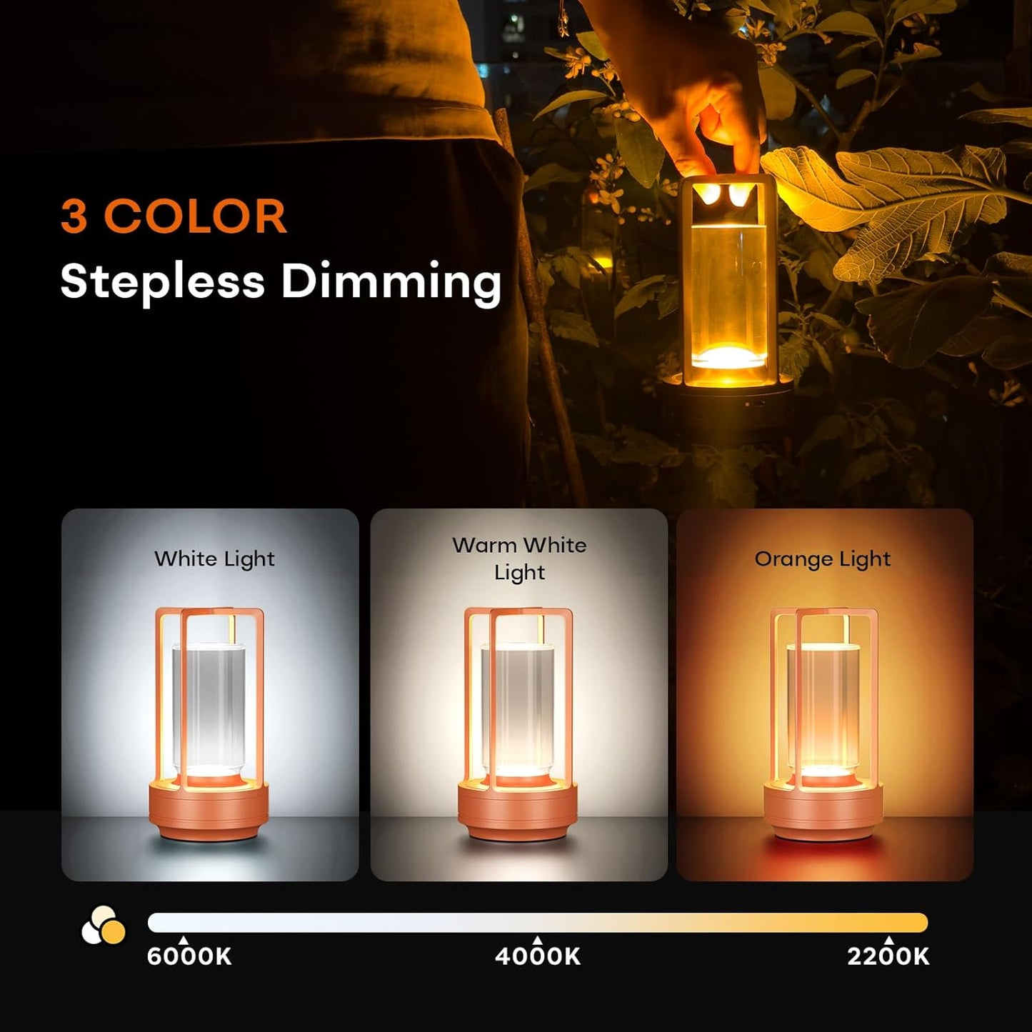 Portable Metal Table Lamp for Indoor/Outdoor ,Rechargeable Cordless LED Lamp, 3-Colour Infinitely Dimming Battery Powered Small Desk Lamp, Restaurant/Bedroom/Bar/Coffee/Camping Light (Orange set of 2)
