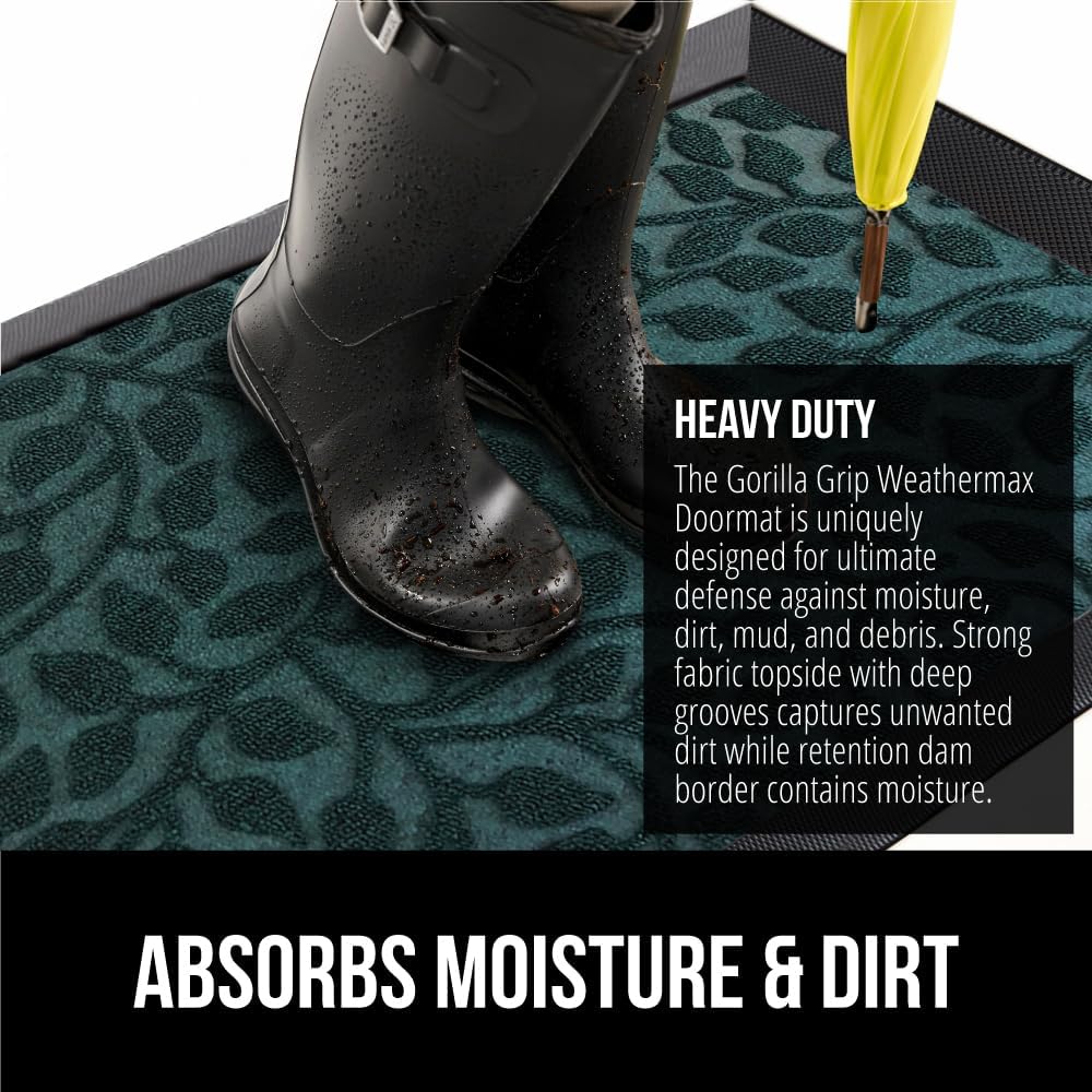 GORILLA GRIP 100% Waterproof All-Season WeatherMax Doormat, 47x35, US Designed Natural Rubber, Stain and Fade Resistant, Low Profile Indoor Outdoor Door Mats, Easy Clean Patio Mat, Moss Vine Leaves