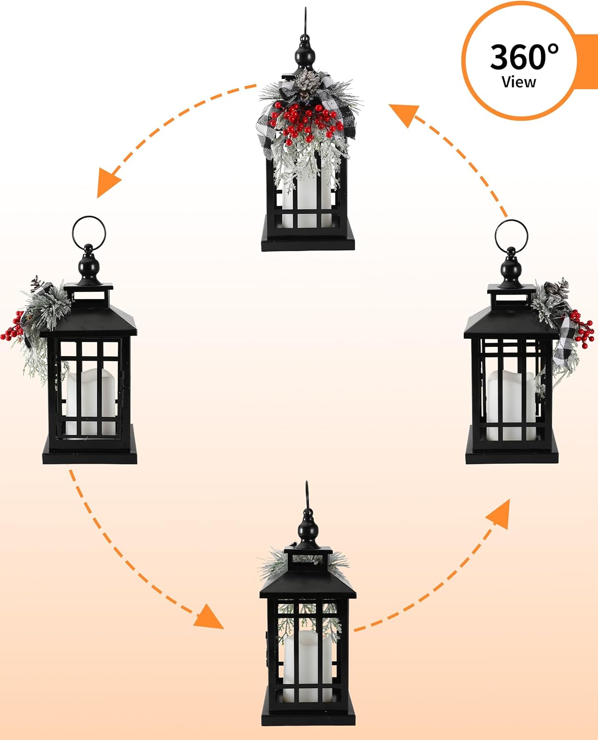 iStatue Metal Black Christmas Lantern with Flameless Candle, 14'' Modern Farmhouse Decor Festive Holiday Rustic Home Gifts for Indoor / Outdoor (Xmas)