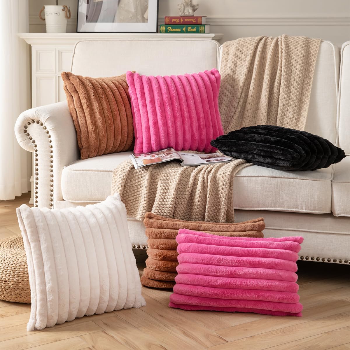 DEELAND Pack of 2,Double-Sided Faux Fur Plush Decorative Throw Pillow Covers Fuzzy Striped Soft Pillowcase Cushion Covers for Sofa Couch Bedroom