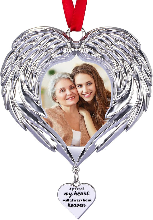 Memorial Christmas Angel Wings Photo Ornaments 2025 Sympathy Gifts for Loss of Loved One - Personalized Angel Wings Picture Frame Ornament for Christmas in Heaven Tree Decor