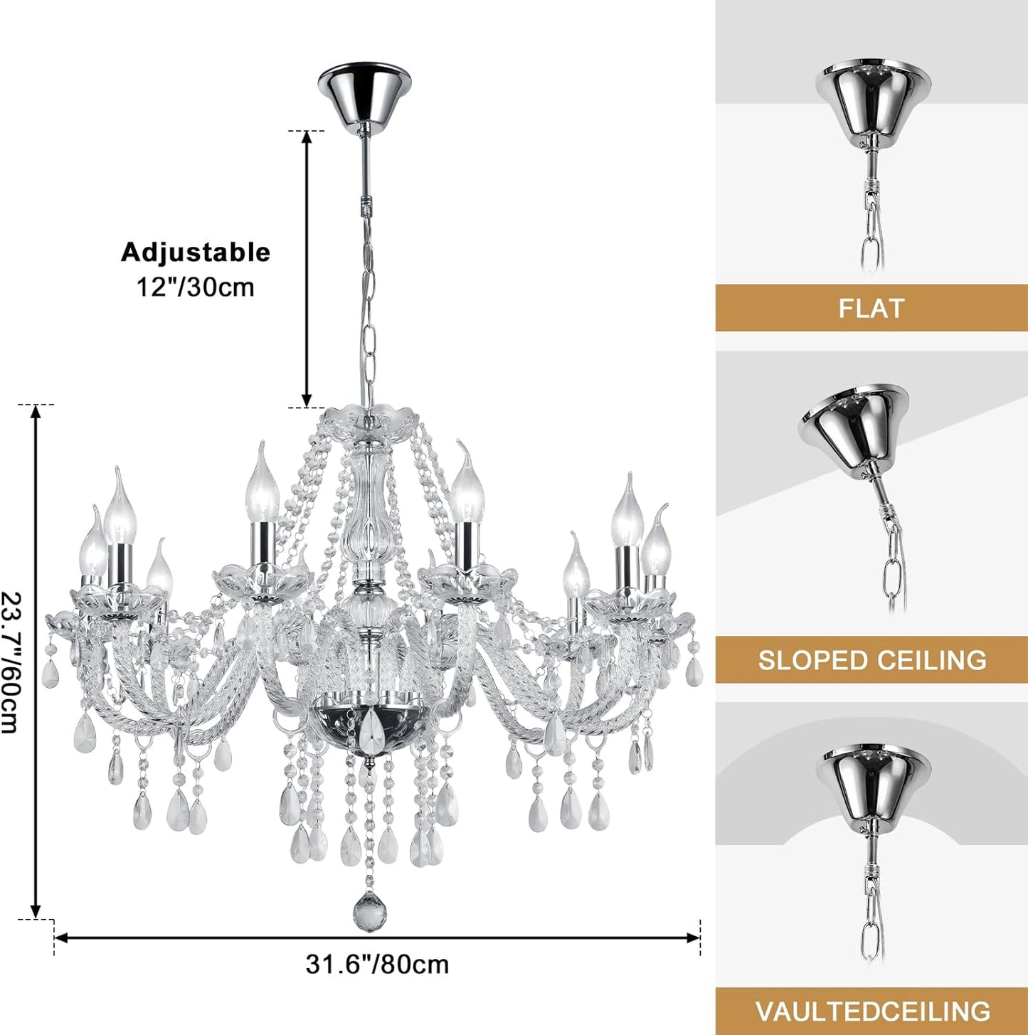 Modern Elegant 10 Lights K9 Crystal Glass Chandelier Silver Pendant Ceiling Lighting European Style for Dining Living Room Bedroom Transparent, 10 E12 Bulbs Required