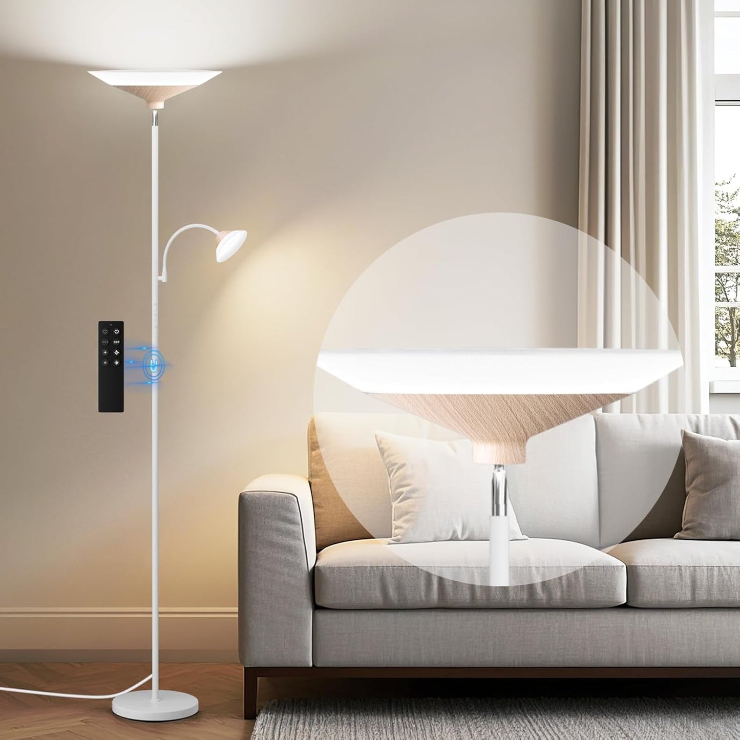 Torchiere Floor Lamp with Wood Grain Shade, 72" Dimmable LED Standing Lamp with Remote, 2-in-1 Floor Reading Lamp with Color Changing, 34W White Corner Lamp for Living Room Bedroom Office