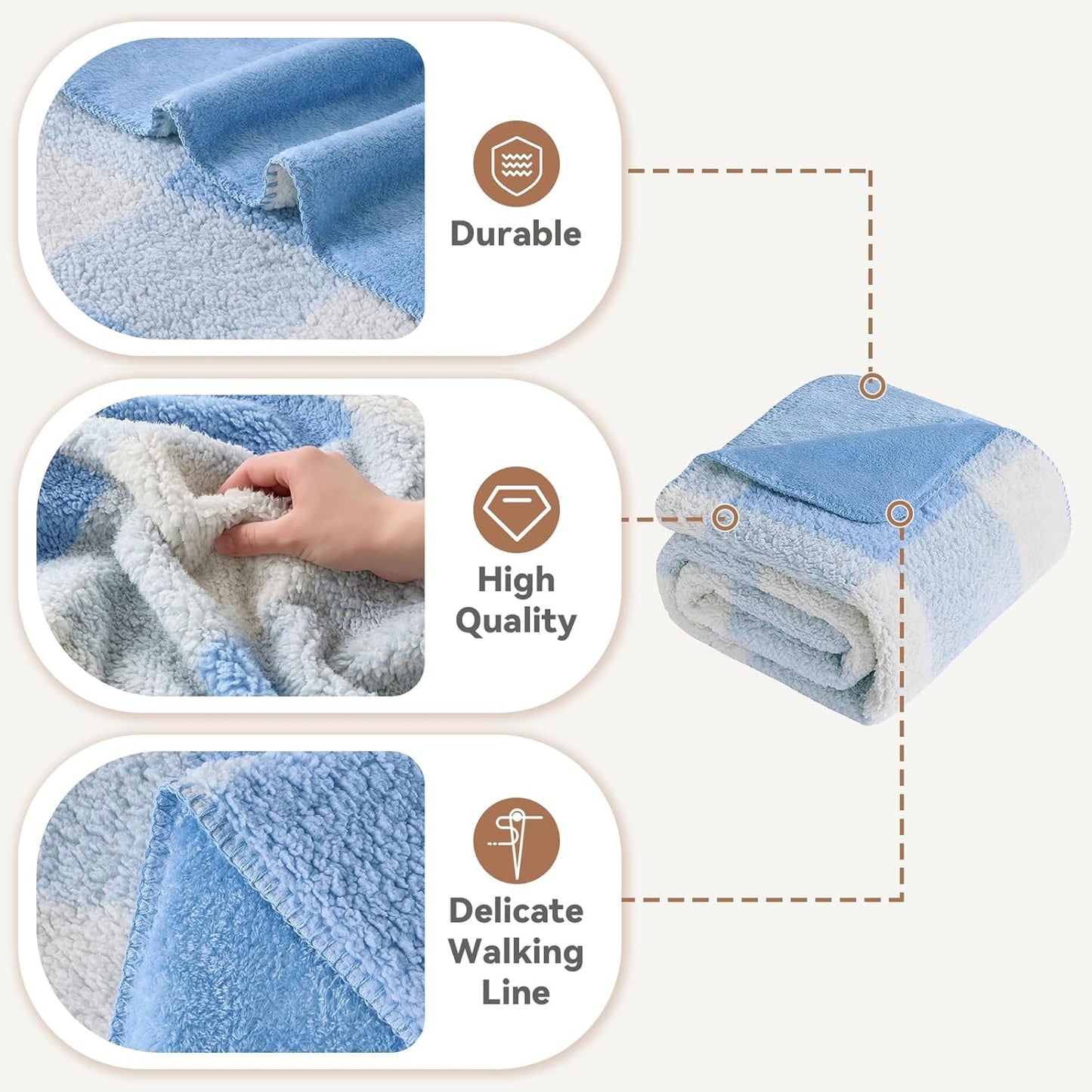 LURKA Checkered Sherpa Fleece Twin-Size Bed Blanket - Extra Thick and Warm Winter Soft Fuzzy Plush Blanket for Couches, Beds & Pets, Glacier, 60x80 Inches
