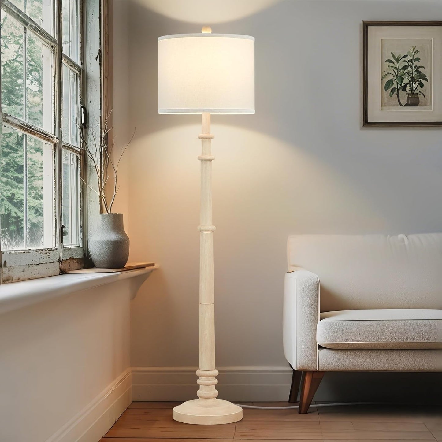 Floor Lamps for Living Room - 60" Resin Farmhouse Floor Lamp with 3 Color Temperatures - Vintage Standing Lamp Reading Light with Linen Shade Rustic Tall Lamp for Bedroom Office, Oatmeal Wash