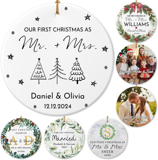 Personalized First Christmas Married Ornament 2025 Custom Mr and Mrs Wedding Christmas Ornaments with Name Date for Couples,Double-Sided Ceramic Customized Engagement Ornament