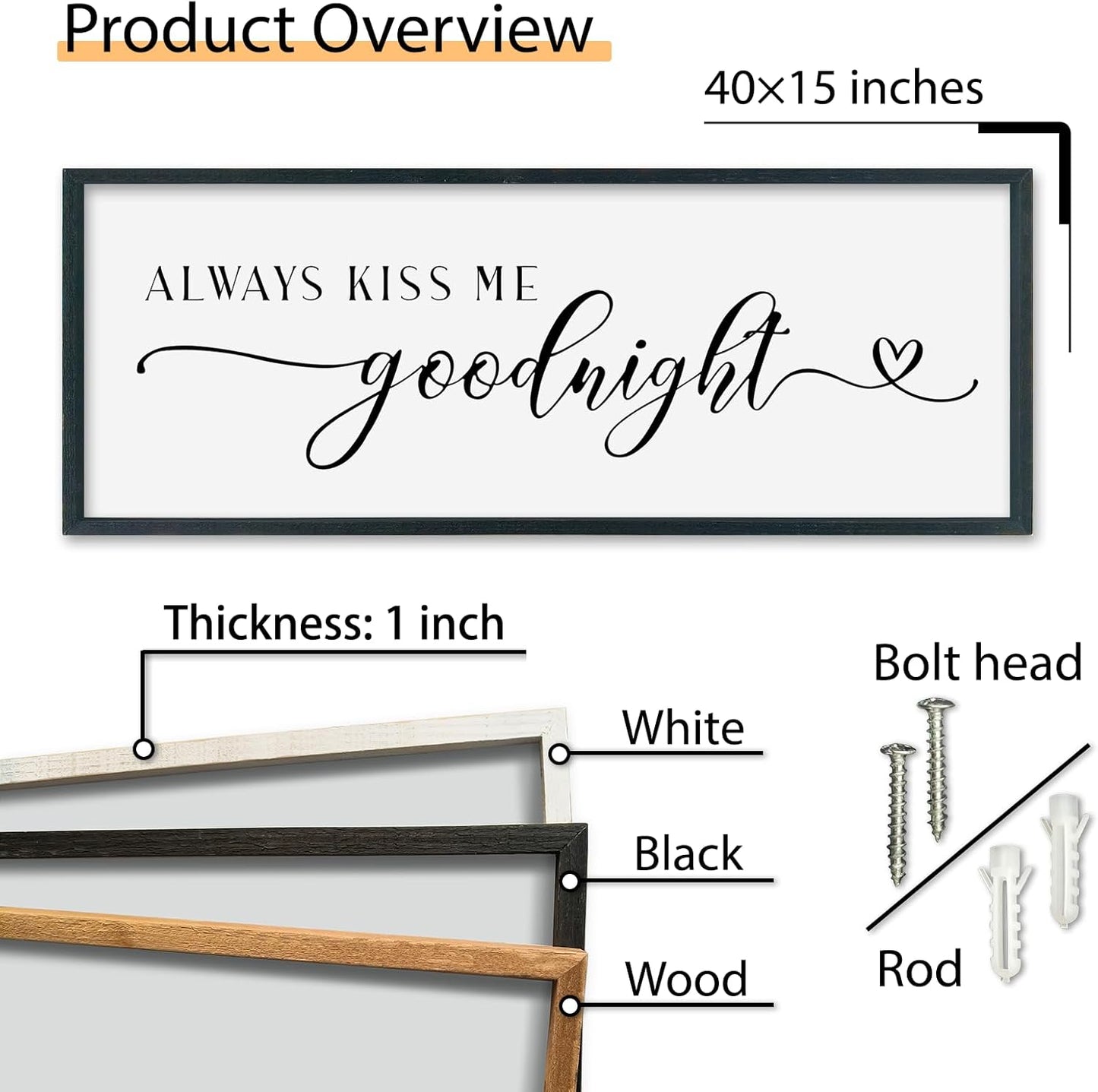 SRSZHIYUE Always Kiss Me Goodnight Sign Wall Decor Art for Master Bedroom Above Bed 40"×15" Large Wood Framed Wall Hanging (Black)