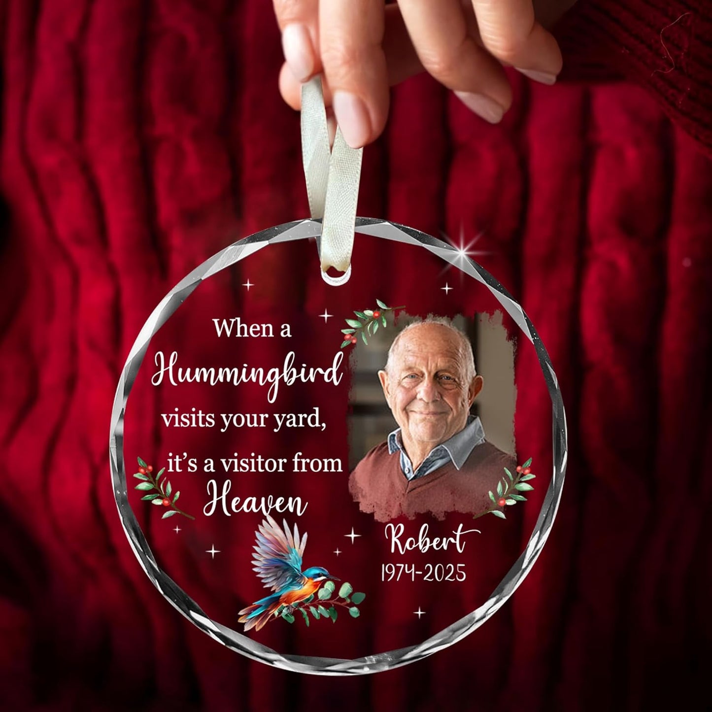 Personalized Memorial Hummingbird Glass Ornament – in Loving Memory of Robert – Custom Name, Birth Year & Passing Year – “When a Hummingbird Visits Your Yard” Memorial Keepsake