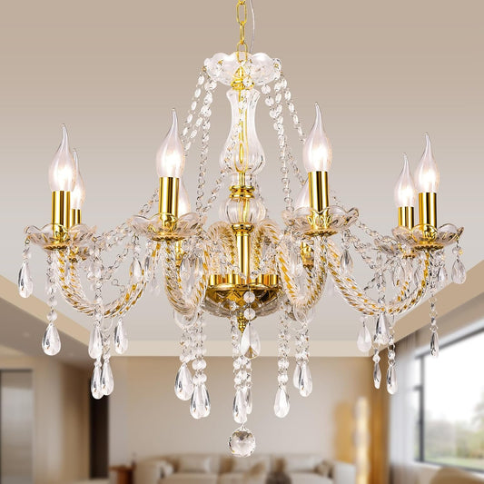 Modern Elegant 8 Lights K9 Crystal Glass Chandelier Golden Pendant Ceiling Lighting European Style for Dining Living Room Bedroom Transparent, 8 E12 Bulbs Required