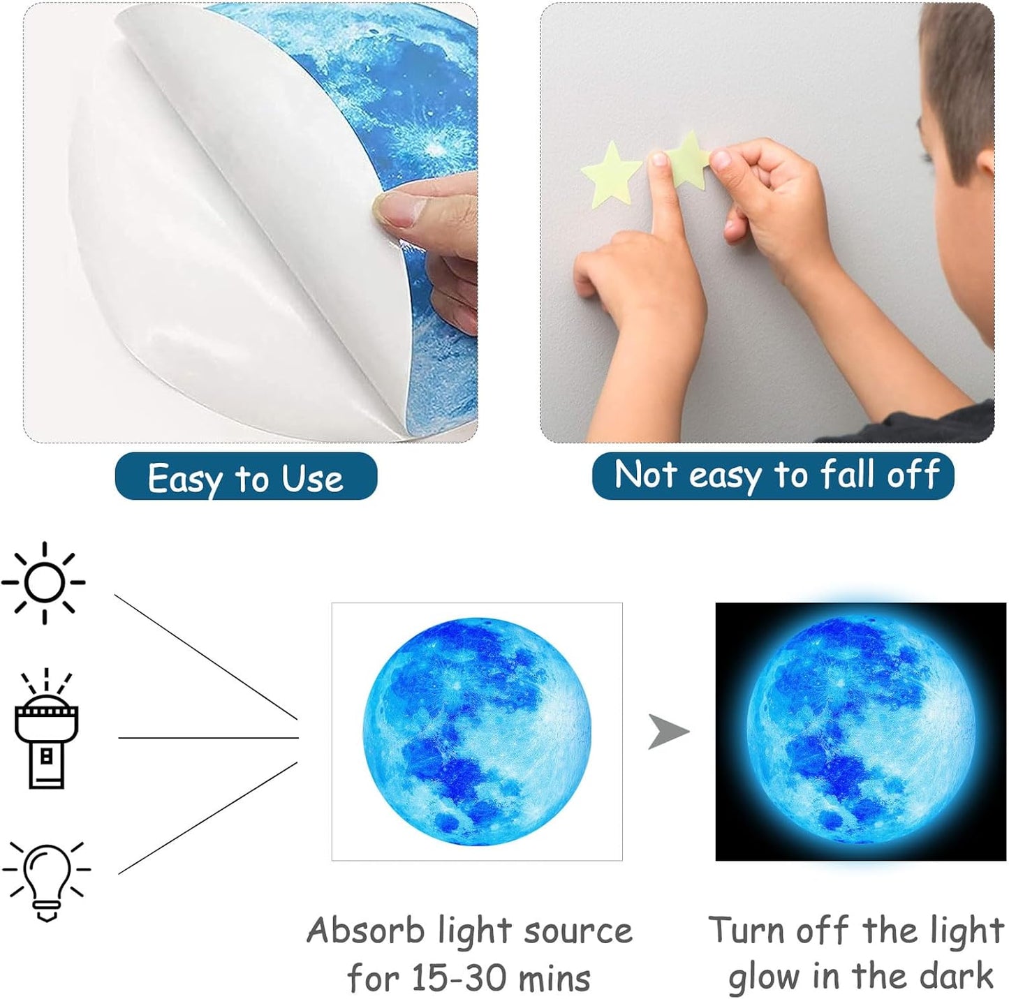 Glow in The Dark Starry Sky Moon and Stars Wall Decals,Glowing Galaxy Stars Space Planet Ceiling Wall Stickers for Boys Girls Bedroom Kids Baby Nursery Living Room Decoration