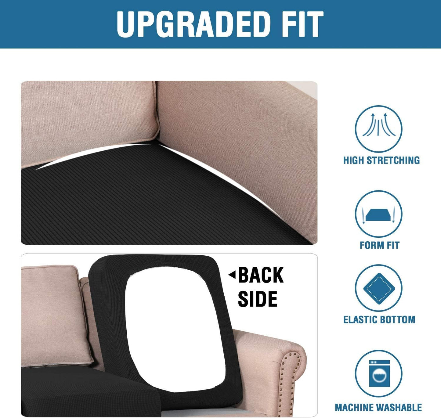 H.VERSAILTEX Super Stretch Individual Seat Sofa Covers Couch Slipcover Sets Thick Jacquard Textured Twill Fabric (3 Piece XL Cushion Covers, Black)