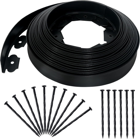 2 Inch x 50FT Landscape Edging Border with 45 Anchoring Spikes, No Dig Garden Border Edging Kit, Plastic Lawn Edging Border for Landscaping Garden Flower Beds Lawn Yard Paver Pathway, Black