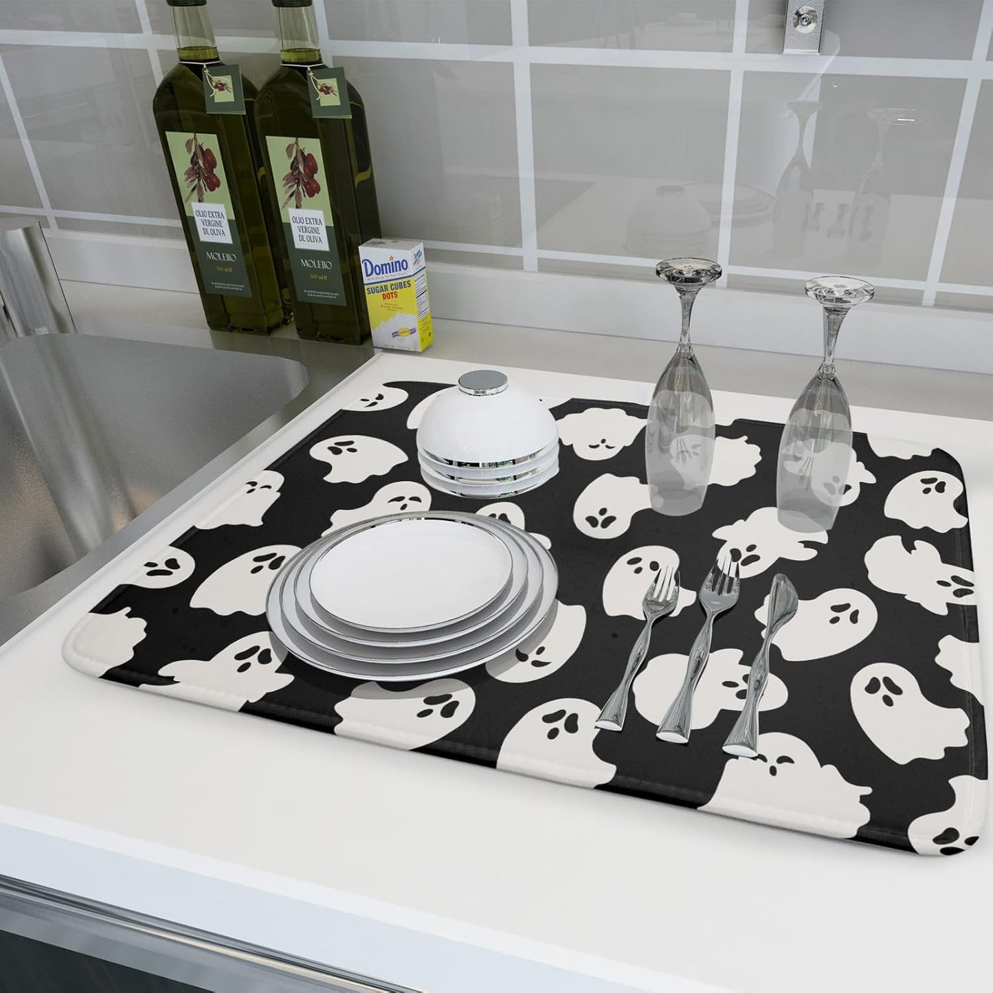 Halloween Dish Drying Mat for Kitchen Counter Cute Ghost Holiday Super Absorbent Reversible Microfiber Kitchen Countertop Protector Dishes Pad Large 18x24 inch