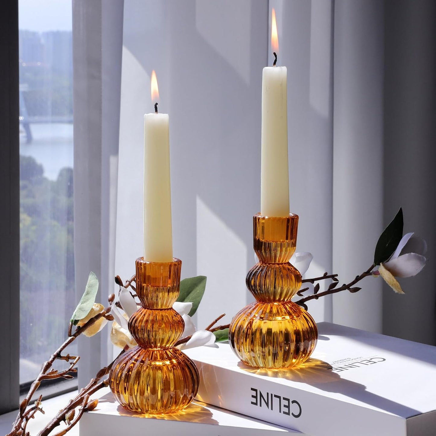 Woho Amber Candlestick Holders Set of 6 4.3" H for Thanksgiving/Fall Decorations, Ribbed Glass Taper Candle Holders Halloween Table Centerpiece, Vintage Candle Sticks Holder Decor for Boho Home Decor