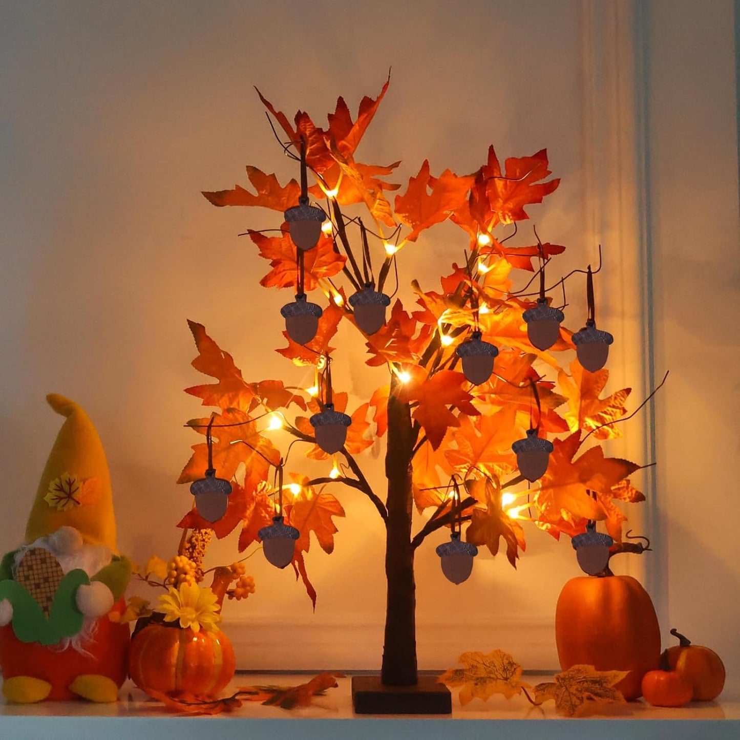 YEAHOME Fall Decorations for Home, Thanksgiving Decorations, 24”/2FT Lighted Fall Maple Leaves Tree with 24 LEDs for Autumn Decor, 12 Wood Acorns Ornaments Battery Powered Timer for Table Indoor