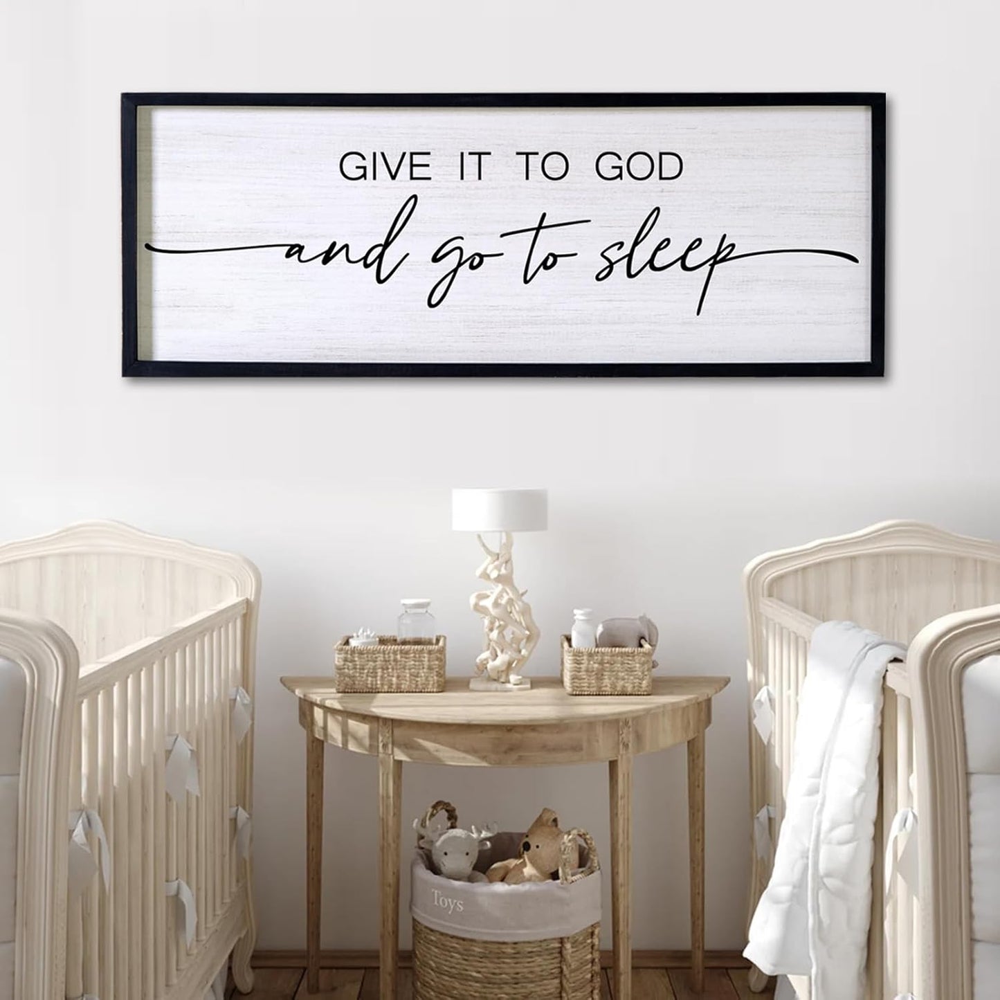Give It to God and Go to Sleep Decorative Rustic Sign & Plaque Framed Wall Art for Couples, 40''×15'' Cottagecore Wooden Horizontal Wall Decor Above Bed, Vintage Farmhouse Wedding Gift for Bedroom