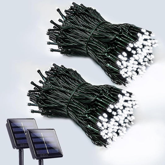 2 Pack 200 LED Solar String Lights for Outside, Solar Christmas Lights Outdoor with 8 Lighting Modes, Waterproof Green Wire Solar Powered Tree Light for Xmas Party Yard Garden Decorations (Cool White)