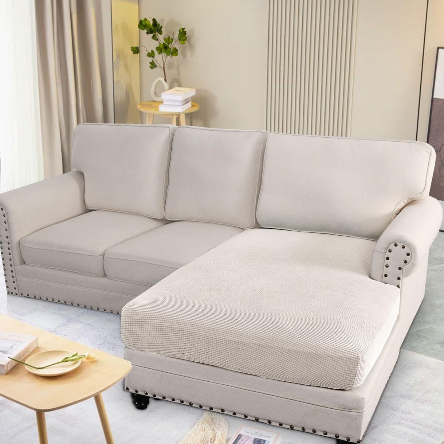 H.VERSAILTEX Super Stretch Individual Chaise Cover Sectional Couch Covers for L Shaped Sofa Both Left/Right Featuring Thick Jacquard Textured Twill Fabric (1 Piece Chaise Cover, Ivory)