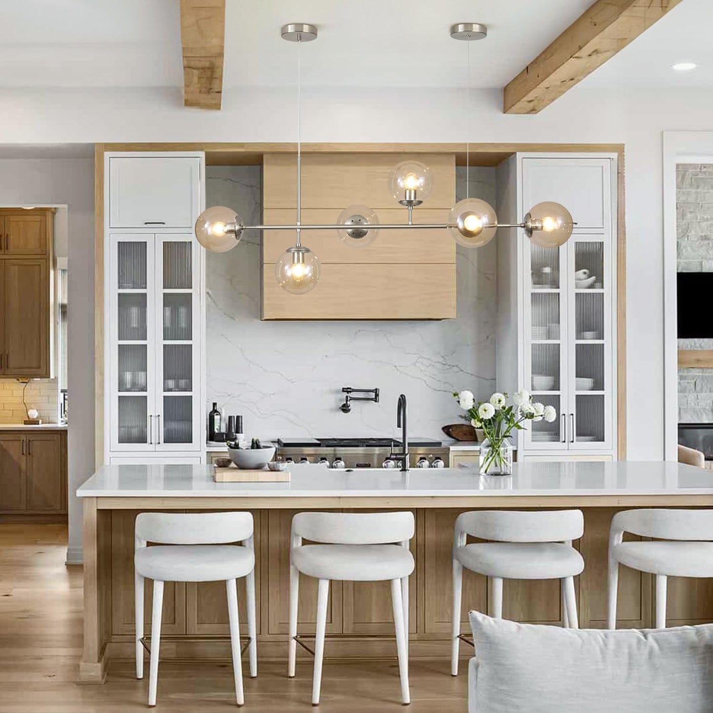 KCO Lighting Mid Century Modern Rectangle Light Fixture 6-Light Glass Globe Linear Chandelier Brushed Nickel Pendant Light Fixture Adjustable Kitchen Island Lighting (Silver+Amber)