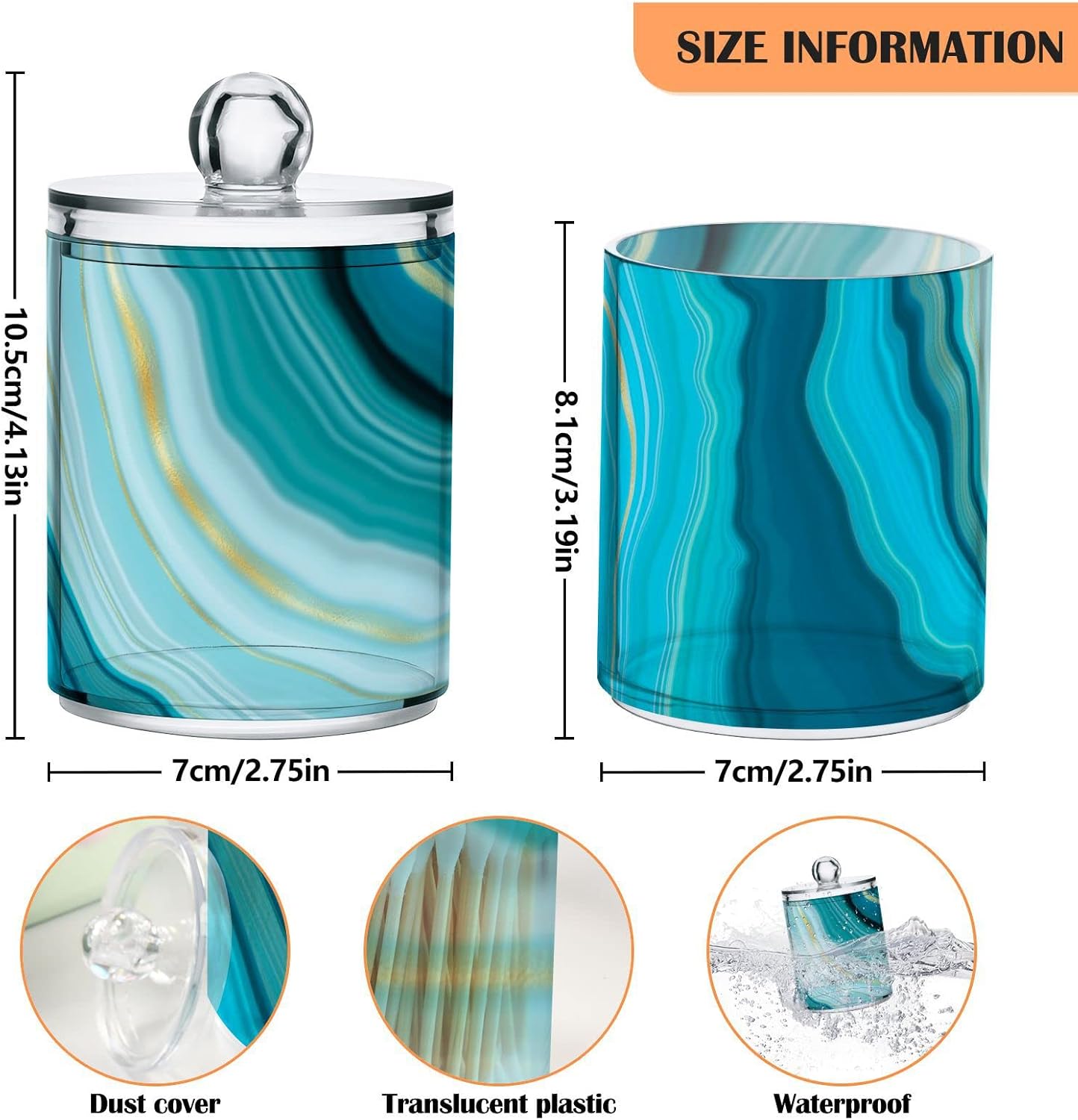 2 Pack Qtip Holder Dispenser Teal Turquoise Blue Marble Bathroom Storage Canister Lid Acrylic Plastic Apothecary Jar Set Vanity Makeup Organizer for Cotton Swab/Ball/Round Pads, Floss