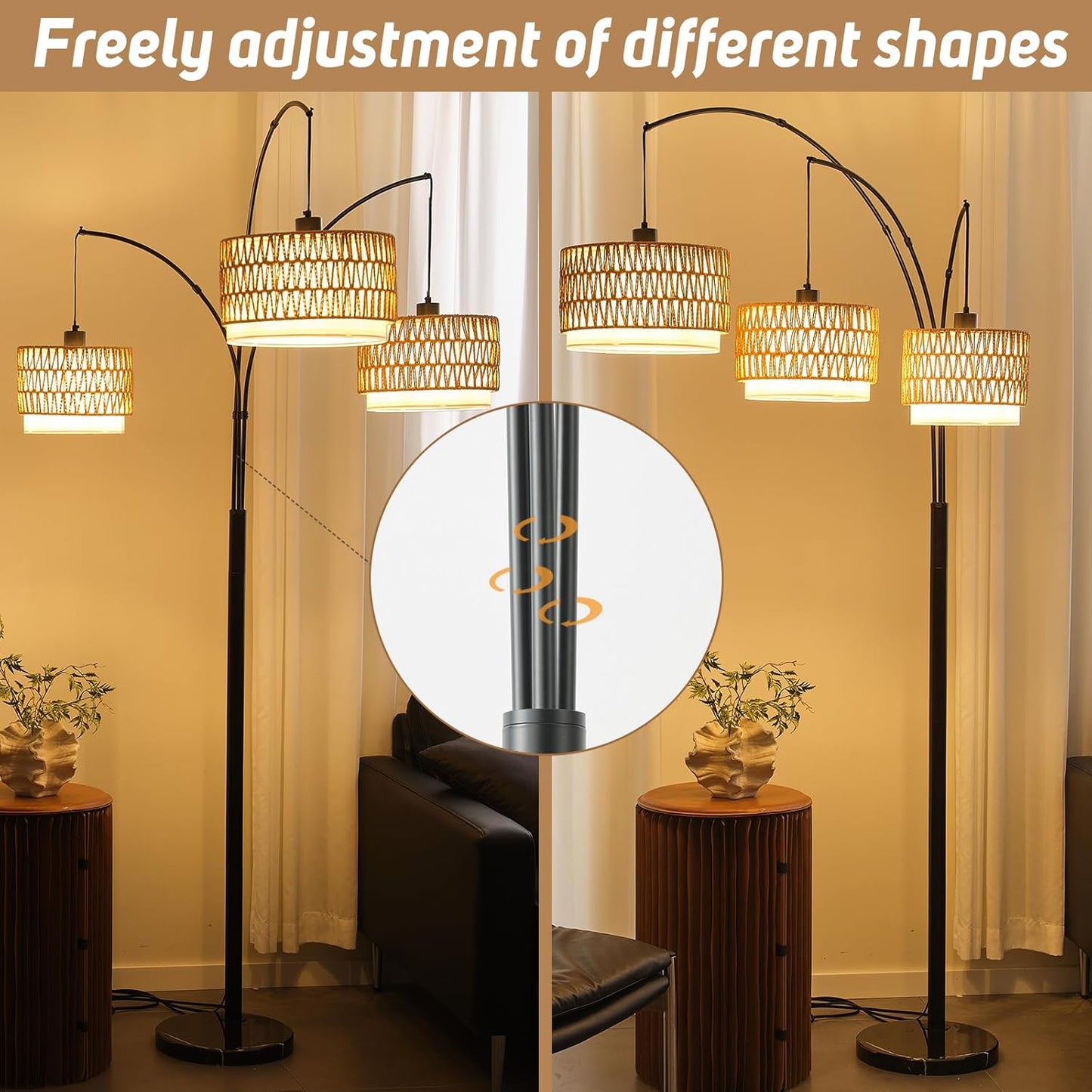 Rattan Floor Lamp for Living Room, 80 Inch Tall Boho Floor Lamp with Rotary Switch, 3 Lights Arc Lamp with Wicker Shade for Coastal,Bohemian,Tree Farmhouse Standing Lamp