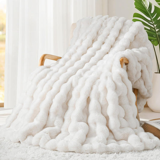 Touchat Luxury 1000GSM Faux Rabbit Fur Throw Blanket, Super Heavy Warm Cozy Blankets for Couch Bed Sofa, Bubble Plush Fuzzy Elegant Soft Reversible Mink Blanket for Living Room Bedroom, Cream White