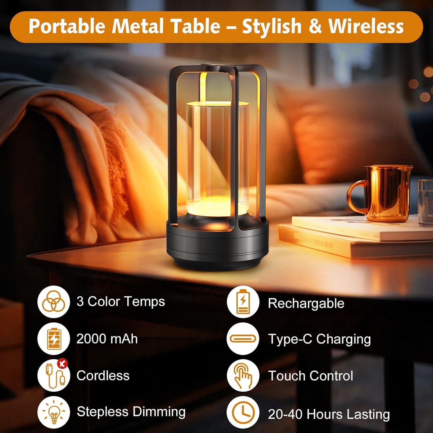 Portable Table Lamp for Outdoor Indoor: Cordless Rechargeable Desk Lamp with 3 Color Stepless Dimmable - Metal Battery Operated Small Lantern Light for Restaurant/Bedroom/Bar/Coffee Shop/Camping