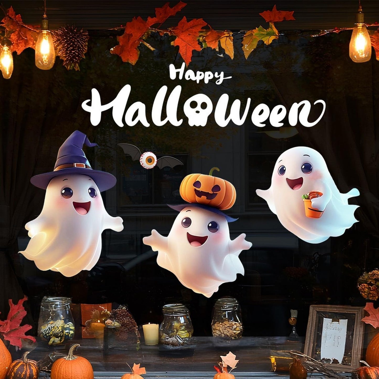 Halloween Window Clings for Glass Fall Static Cling Window Decals 1PCS Cute Ghost Pumpkin Autumn Reusable Window Stickers Home School Office Decorations