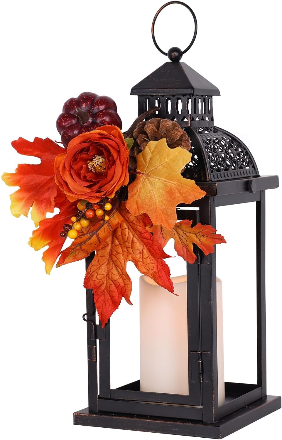 NEEDOMO Fall Decorations for Home, 15'' Fall Lantern Indoor Outdoor Thanksgiving Decor, Vintage Metal Hanging Candle Holders with Fall Teardrop Wreath and LED Candle for Patio, Porch, Table