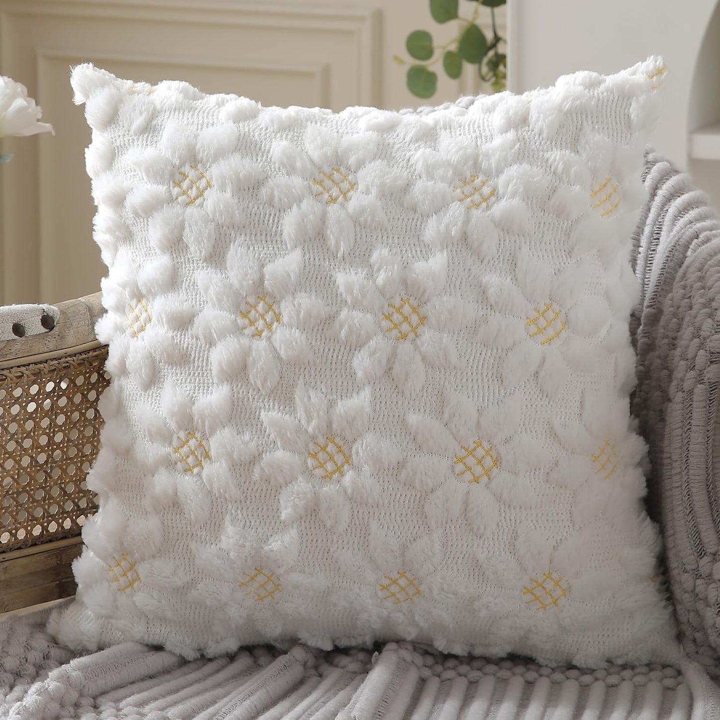 DFXSZ Spring Summer Pillow Covers 18x18 inch Set of 2 Farmhouse Decor Yellow Color Flower Heart Sunflower Soft Plush Faux Fur Jacquard Throw Pillows for Sofa Holiday Spring Home Decor PTK024C18