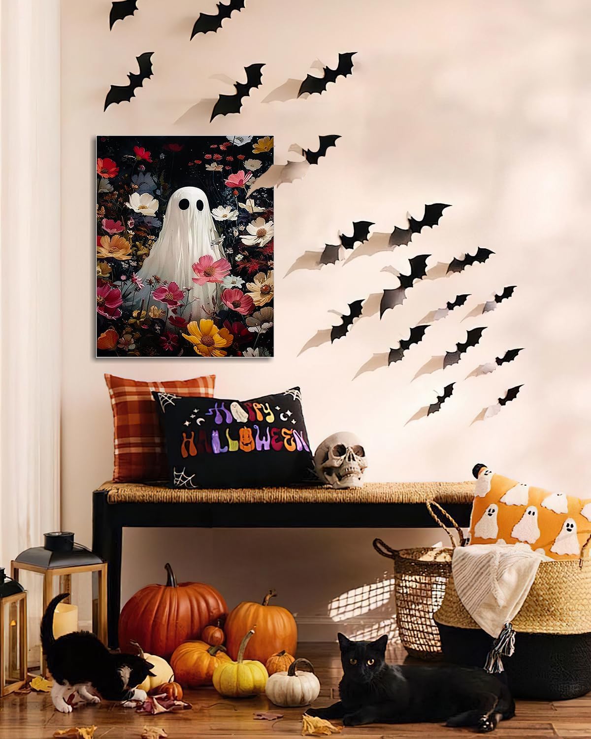 Halloween Canvas Wall Art,Vintage Cute Ghost & Wildflowers Framed Poster, Spooky Fall Decorations for Indoor, Gothic Dark Academia Wall Decor, Funny Halloween Decorations for Living Room Bedroom