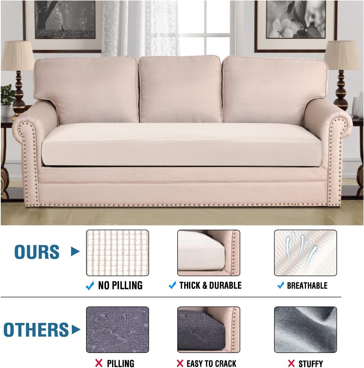 H.VERSAILTEX Super Stretch Individual Seat Cushion Covers Sofa Covers Couch Cushion Covers Slipcover Sets Thick Jacquard Textured Twill Fabric (1 Piece Sofa Cushion Cover, Ivory)