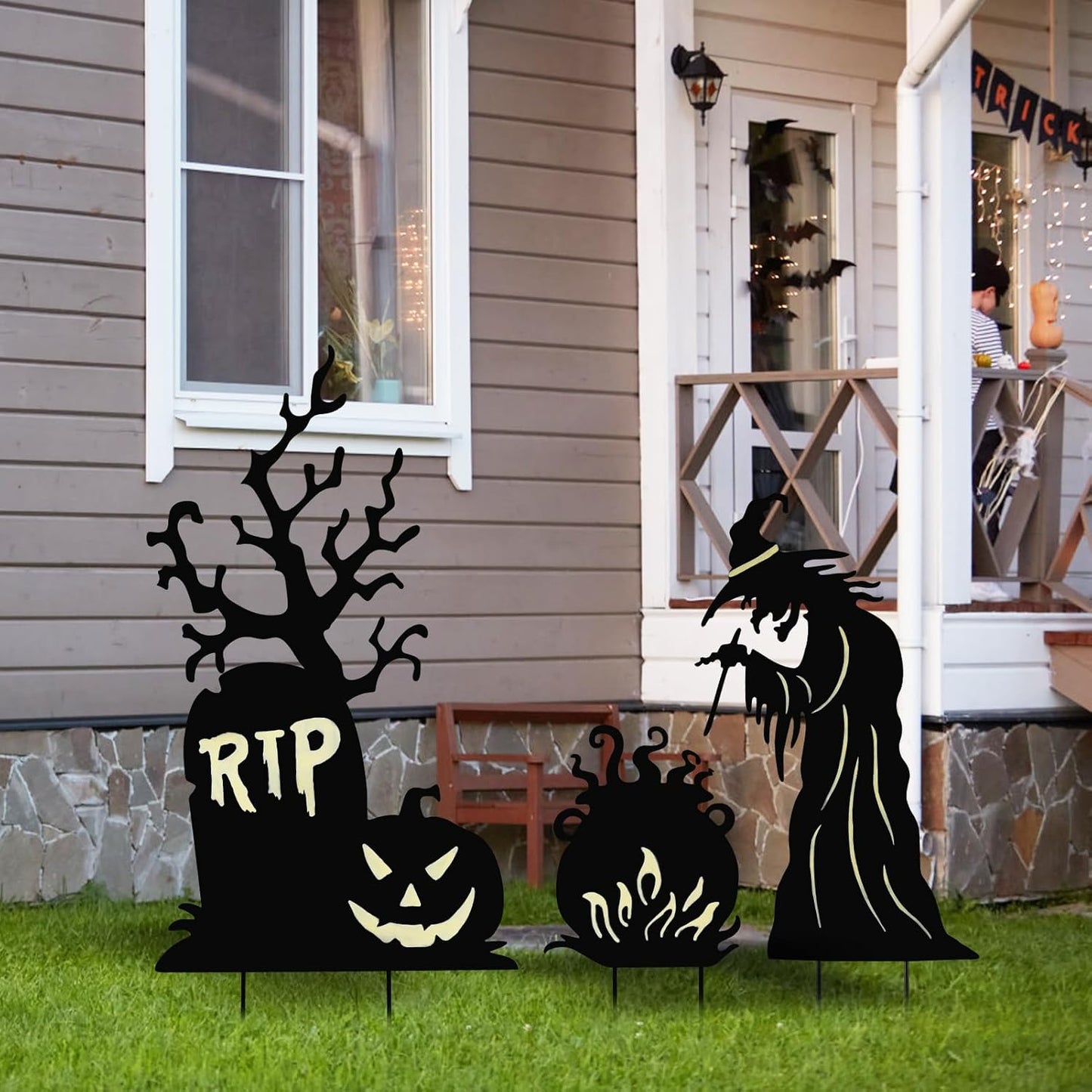 Halloween Yard Signs Outdoor Decorations，3 Pack Scary Large Witch Tombstone Cauldron Fluorescent Metal Stakes Glow in The Dark for Lawn Garden Halloween Decor (Large Witch Tombstone Cauldron)
