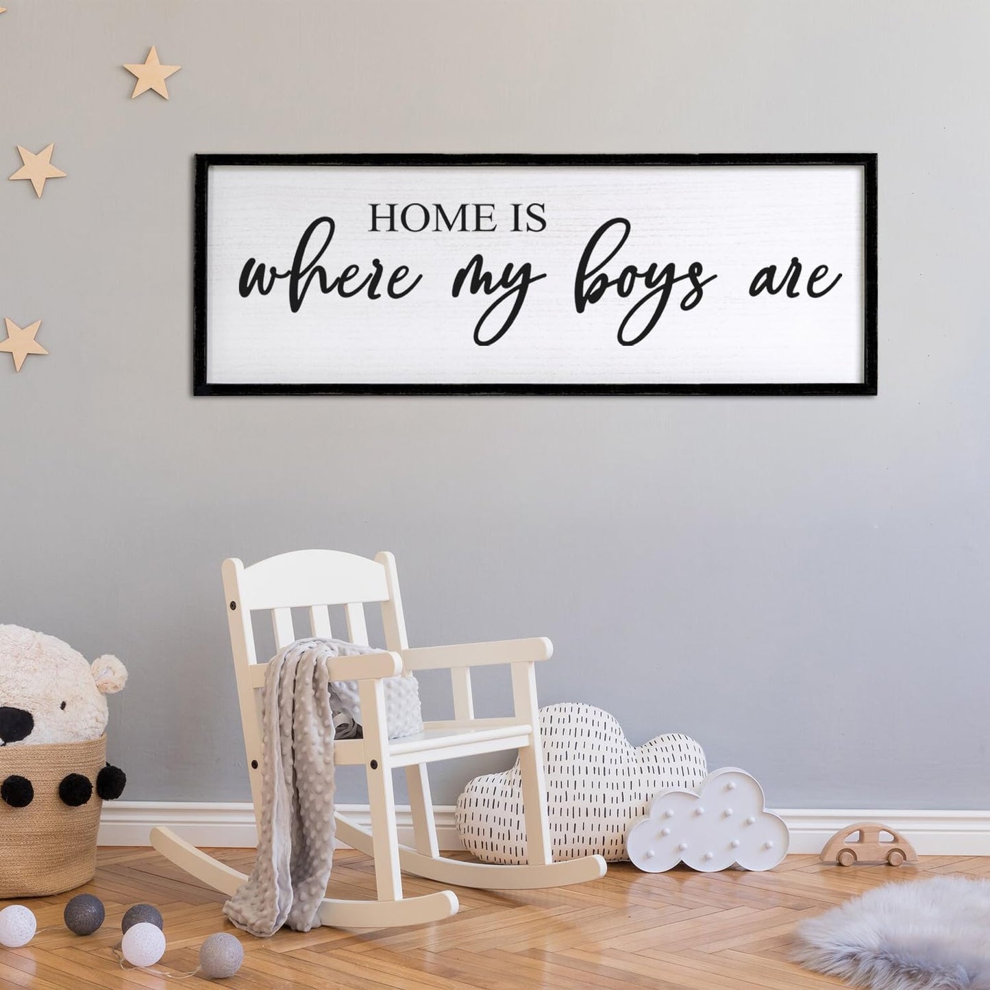 Home is Where My Boys are Sign Framed Wall Art, 32''×12'' Rustic Horizontal My Son Plaque with Black Frame for Baby Kid Boy Son Teen Toddlers Room, Horizontal Mom of Boys Gifts Nursery Decor