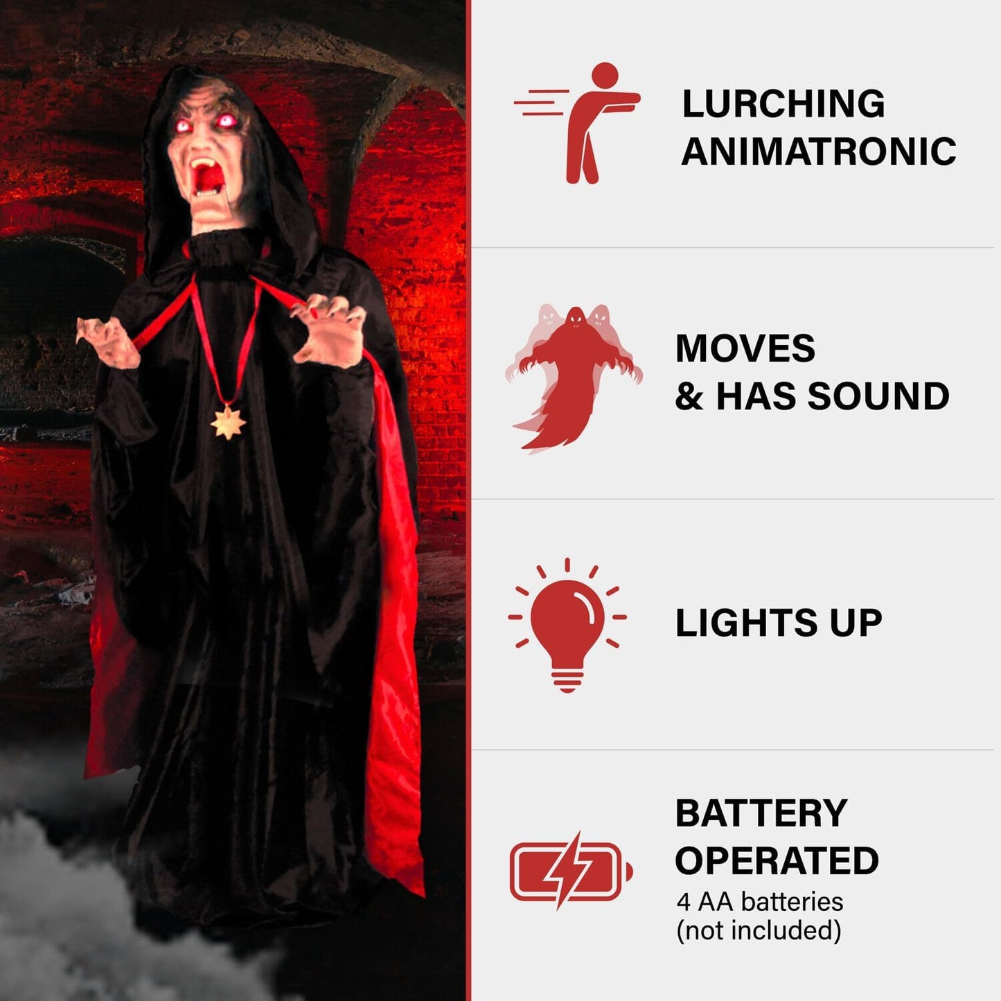 Haunted Hill Farm Motion-Activated Lurching Vampire by Tekky, Lunging Halloween Animatronic for Indoor or Covered Outdoor Creepy Halloween Decorations, Plug-in or Battery Operated Halloween Prop