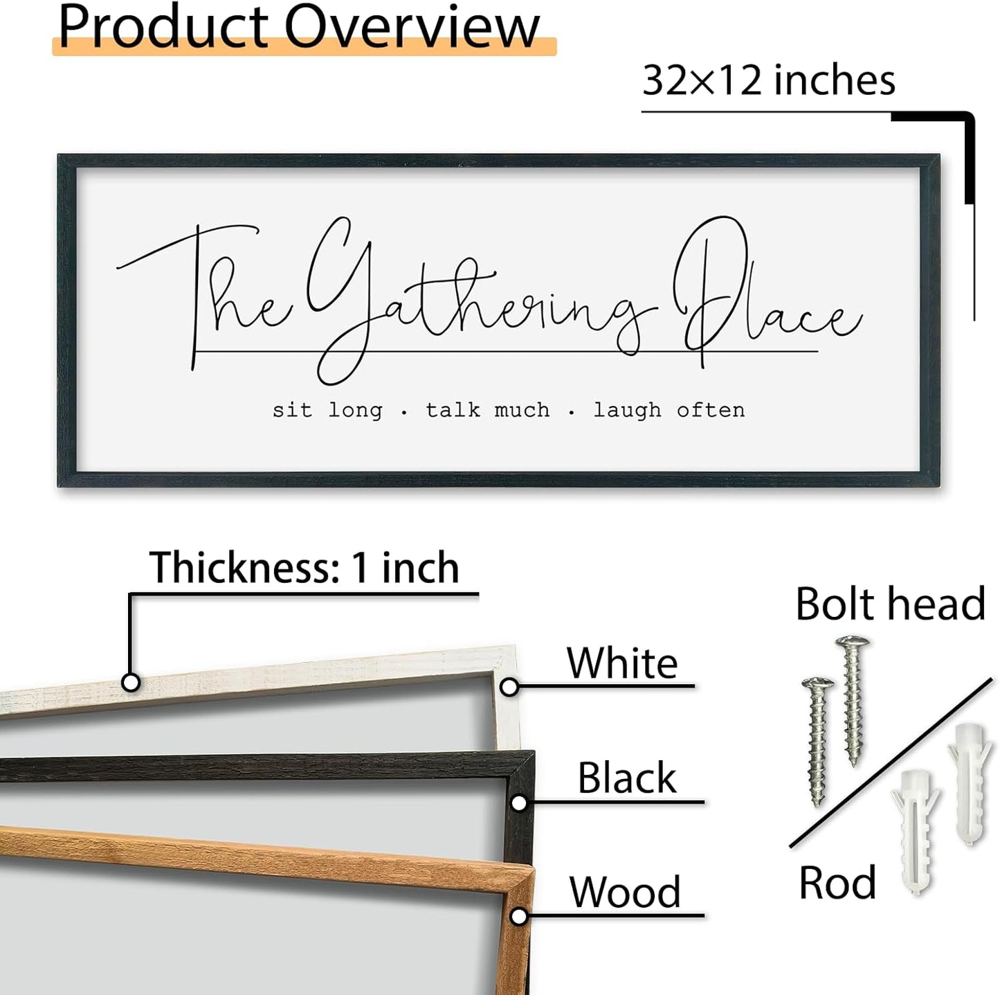 SRSZHIYUE The Gathering Place Sign Wall Decor Art 32"×12" for Large Kitchen Dining Room Wood Framed Wall Hanging (Black)