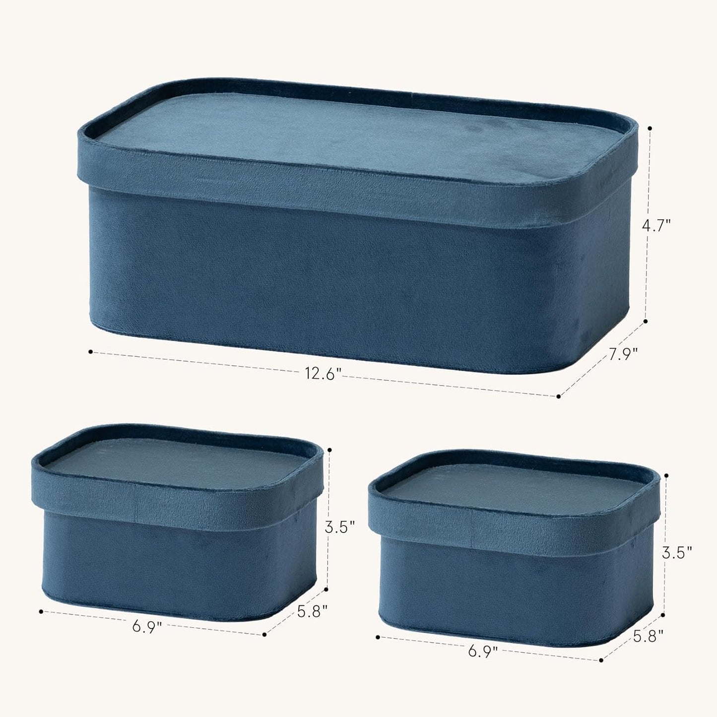 La Jolie Maison Velvet Storage Baskets with Lids, Sturdy Stackable Cardboard Boxes with Decorative Trays, Organizer Bins for Bathroom Bedroom Organizing, Prussian Blue, Set of 3