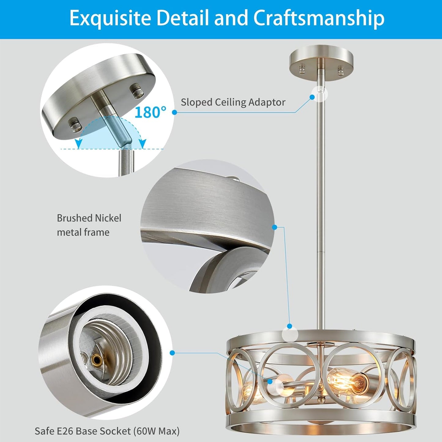 XINGQI Nickel Ceiling Light Adjustable Height Pendant Lighting Fixture 3-Light Metal Lamp 13" Rustic Round Lights for Dining Room Kitchen Bedroom Foyer Hallway