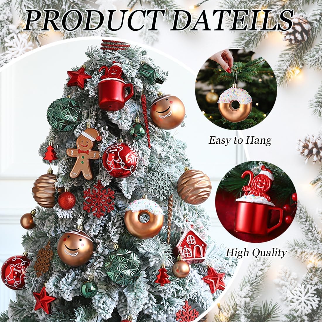 Gingerbread Man Christmas Tree Ball Ornaments Set - 72 ct Red Green Copper Gold Plastic Shatterproof Hanging Ornaments for Xmas Tree Indoor Outdoor Holiday Party Decorations