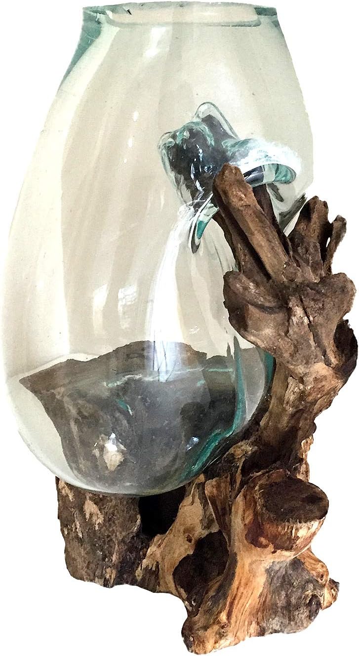 Hand Blown Molten Glass & Teak Wood Terrarium/Vase/Fish Bowl - Premium Quality (12" - 14" High)