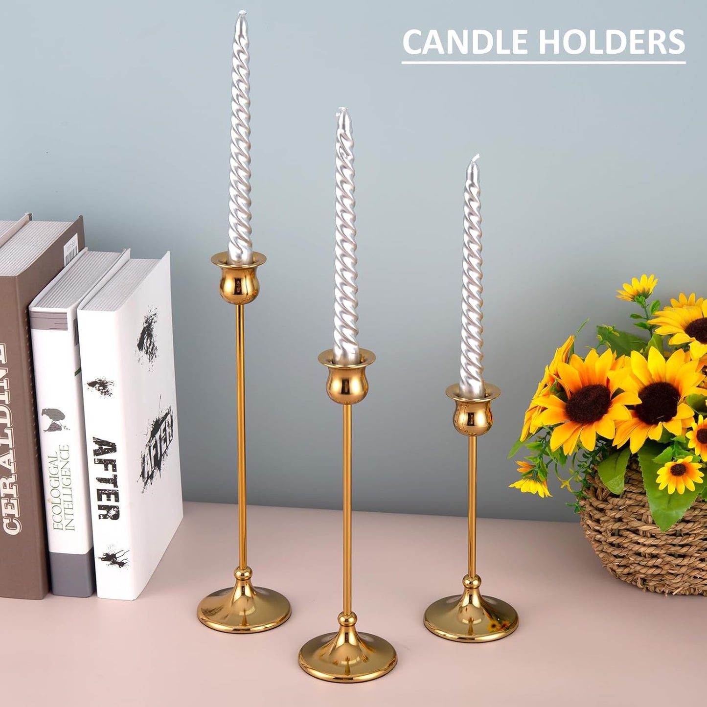 Taper Candle Holder Tall Vintage Metal Candlestick Holders Candle Stick Candelabra for Halloween Thanksgiving Christmas Holiday Wedding (Gold, 2 Sets (6 pcs))