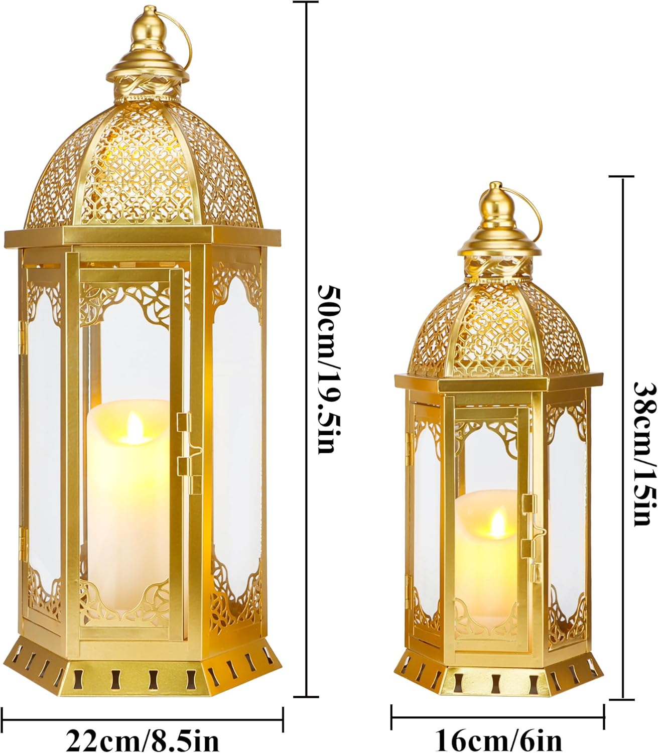 JHY DESIGN Set of 2 Outdoor Candle Lanterns 22"&17" H Decorative Vintage Metal Candle Holders for Garden Porch Indoor Outdoor Parties Weddings Patio Home Decor(Gold)