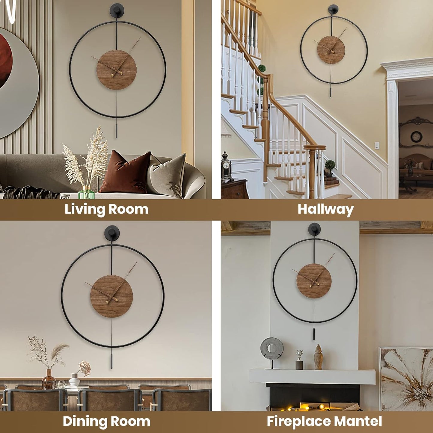 Large Modern Wall Clock,Wall Clocks for Living Room Decor,Classical Silent Metal Minimalist Walnut Dial,Big Decorative Farmhouse Pendulum Wall Clock With Walnut Pointers for Office,Dining Room