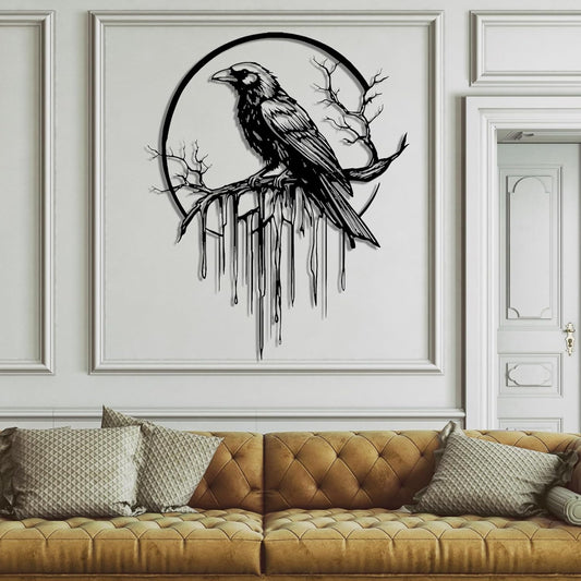 Crow Metal Wall Decor, Raven Wall Art, Large Gothic Raven Decor Hangings, Bird Wall Decor, Metal Tree Branch Decor, Ravens Sign, Raven Art for Living Room (Black, 30"x24" |76x61cm, metal wall art)