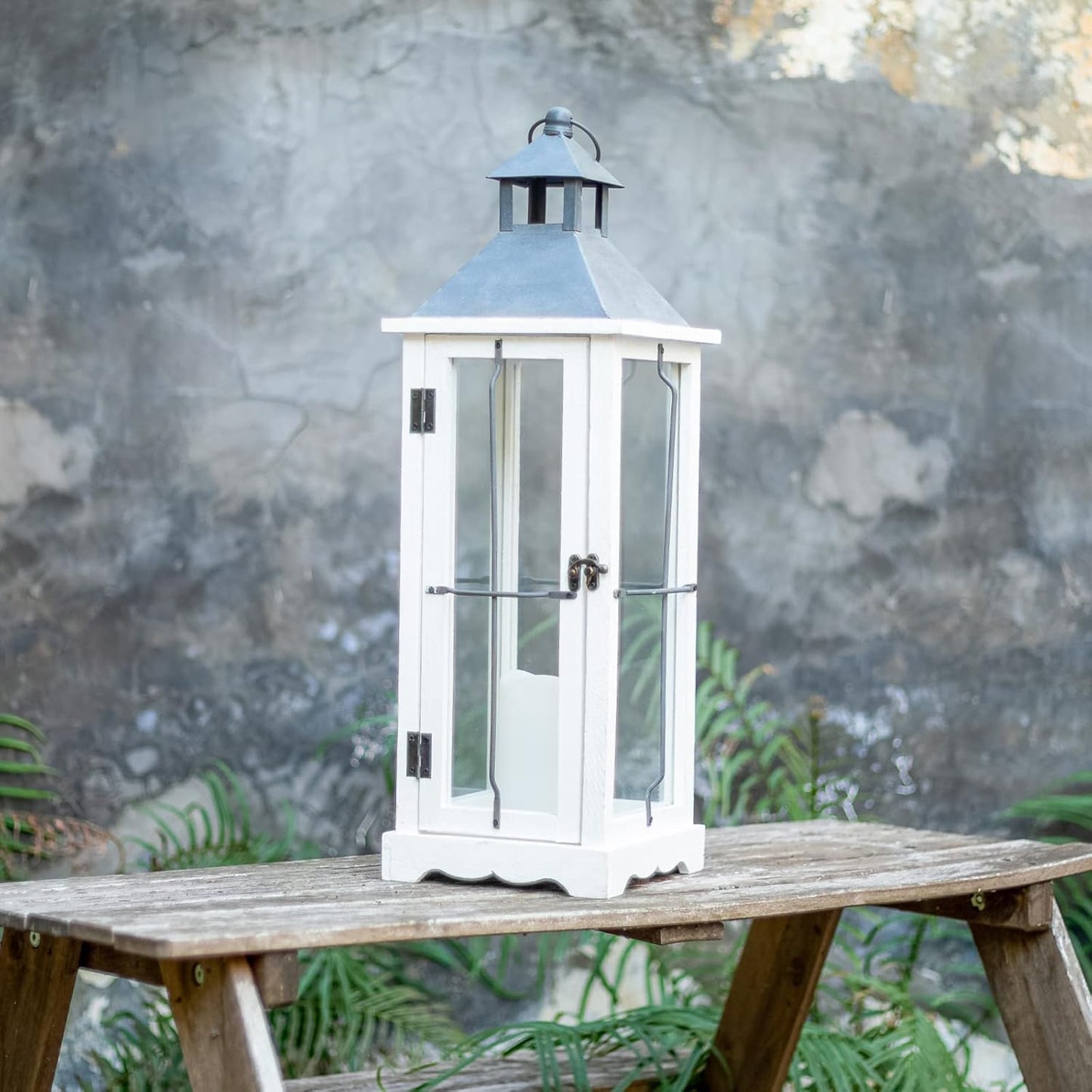 Bdor 26in Farmhouse White IP65 Waterproof Wood Metal Decorative Lanterns with Remote Control, Timer, Tempered Glass, Flameless Pillar Candles, Decorative Lanterns for Home Decor, Front Porch, Wedding