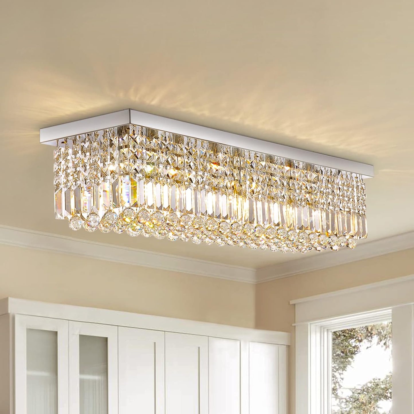 Siljoy Modern Crystal Chandelier 6-Lights Rectangular Flush Mount Pendant Ceiling Light Fixture Rectangle K9 Crystal Raindrop Chandelier for Dining Living Room Kitchen Island L31.5'' x W10'' x H10'