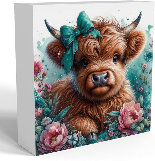 Highland Cow Decor, Highland Cow Gifts for women, Highland Cow Baby Decor, Cow With Pink Bow, Highland Cow Nursery Decor, Wooden Box Decor Sign for Home Farmhouse Office Living Room Table Shelf