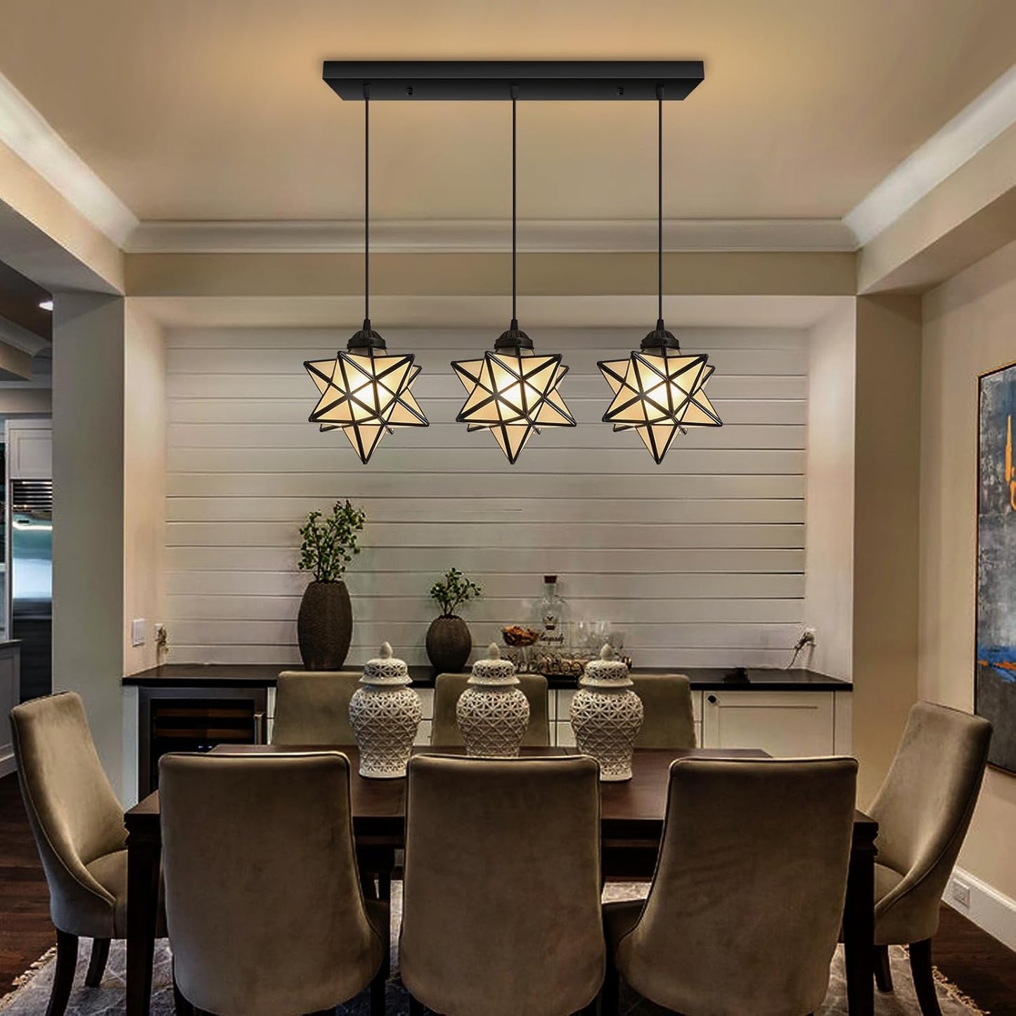 Modern Frosted White Glass Chandelier Dining Room Farmhouse Star Pendants Lights for Kitchen Island LED Ceiling Hanging Lighting Included Warm Light Bulbs Black